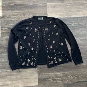 Vtg Erika Studio Black Beaded Floral Embroidered Cardigan Sweater XL